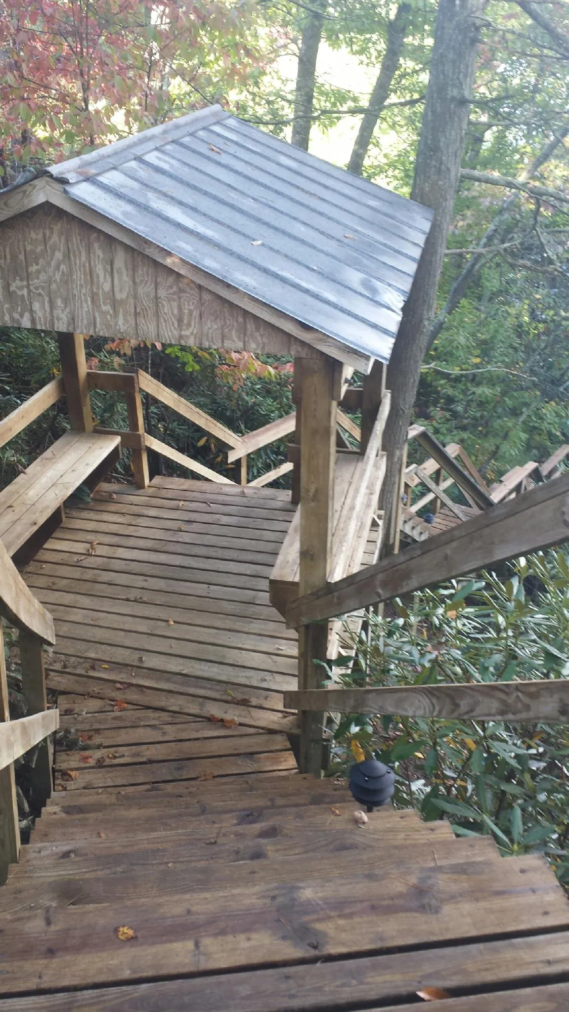 Metal roofed shelter over wooden steps on a wooded walkway — Skylight Repair & Installation work by our crew in Beaver Dams